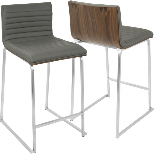 Mara 26" Counter Stool in Grey Leatherette, Walnut & Brushed Stainless (Set of 2)