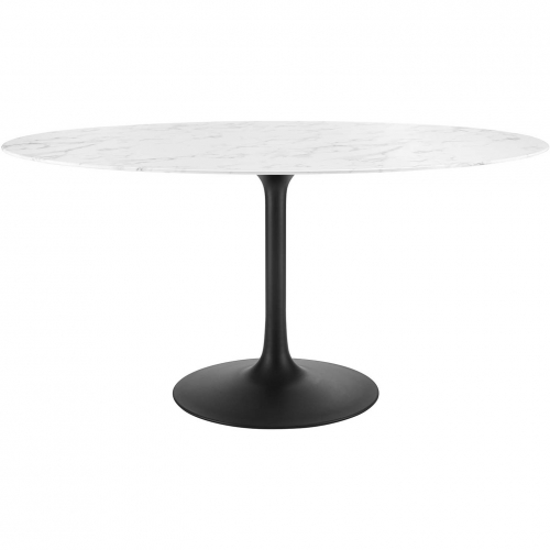 Lippa 60" Oval Dining Table in White Faux Marble & Black Metal