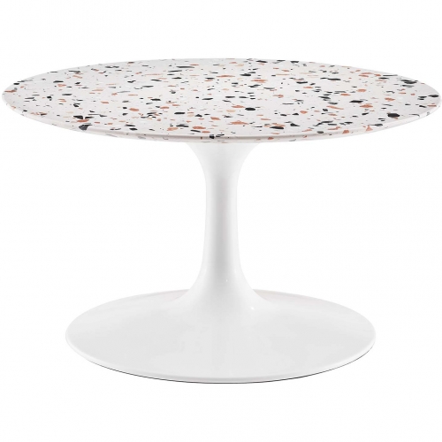 Lippa 28" Round Coffee Table in White Terrazzo & Gloss White