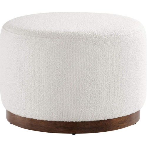 Tilden 23" Round Ottoman in Cloud White Boucle Fabric & Walnut Finish Wood