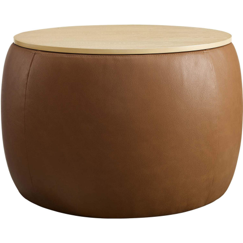 Perla Round Storage Ottoman in Tan Vegan Leather & Wood