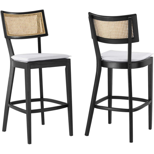 Caledonia Bar Stool in Black Wood, Rattan & White Fabric (Set of 2)