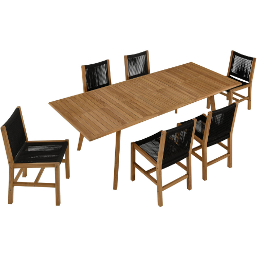 Vienna 7 Piece Outdoor Dining Set w/ Armless Chairs in Black Rope & Teak