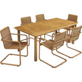 Abacus 7 Piece Outdoor Dining Table Set in Wood Finish Metal & Natural Rattan