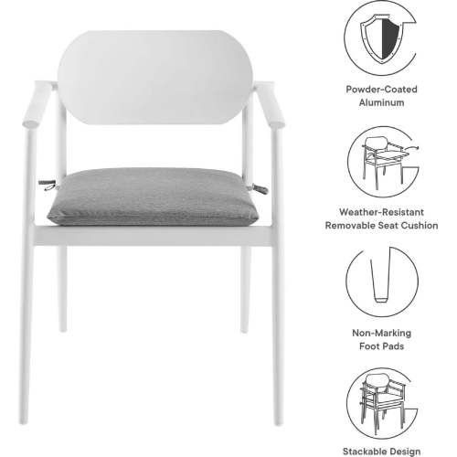 Aeris Stackable Outdoor Dining Arm Chair in White Aluminum & Gray Fabric (Set of 2)