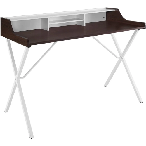 Bin Office Desk with Cherry Finish & White Top on White Steel Frame