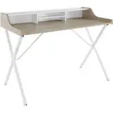 Bin Office Desk with Oak Finish & White Top on White Steel Frame