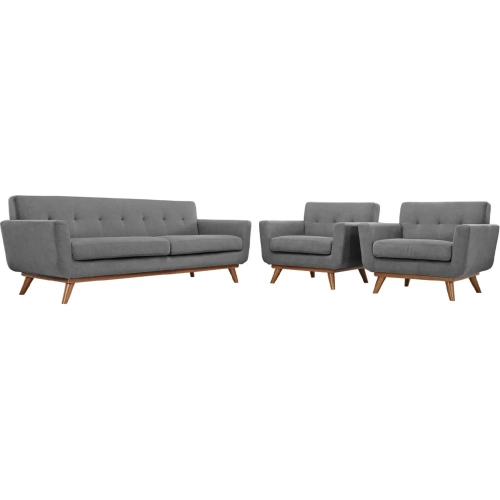 Engage Sofa & 2 Armchairs Set in Tufted Gray Fabric with Cherry Wood Legs