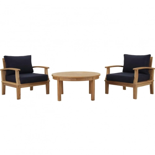 Marina 3 Piece Outdoor Arm Chair Set in Teak & Navy Blue Fabric