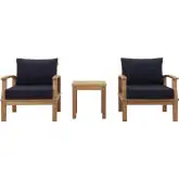 Marina 3 Piece Outdoor Arm Chair Set in Teak & Navy Blue Fabric