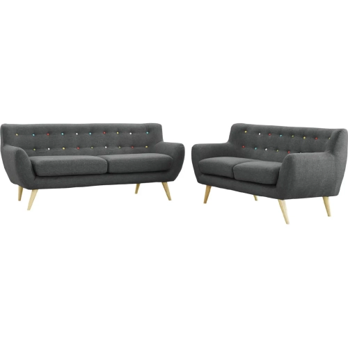 Remark Sofa & Loveseat Set in Tufted Gray Fabric on Natural Wood Legs