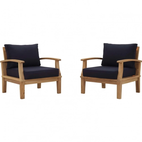 Marina Outdoor Arm Chair in Teak & Navy Blue Fabric (Set of 2)