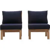 Marina Outdoor Armless Chair in Teak & Navy Blue Fabric (Set of 2)