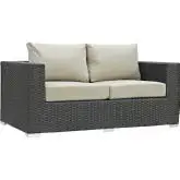 Sojourn Outdoor Patio Loveseat in Poly Rattan w/ Beige Sunbrella &reg Cushion