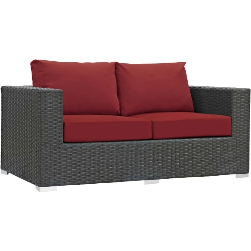 Sojourn Outdoor Sunbrella &reg; Loveseat in Chocolate Poly Rattan & Red