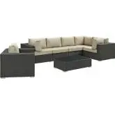 Sojourn 7 Piece Outdoor Patio Sectional Set in Poly Rattan w/ Beige Sunbrella &reg Cushions