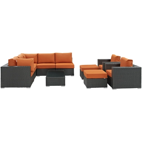 Sojourn 10 Piece Outdoor Patio Sectional Set in Poly Rattan w/ Tuscan Sunbrella &reg Cushions