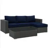 Sojourn 3 Piece Outdoor Patio Sectional Set in Poly Rattan w/ Navy Sunbrella &reg Cushions