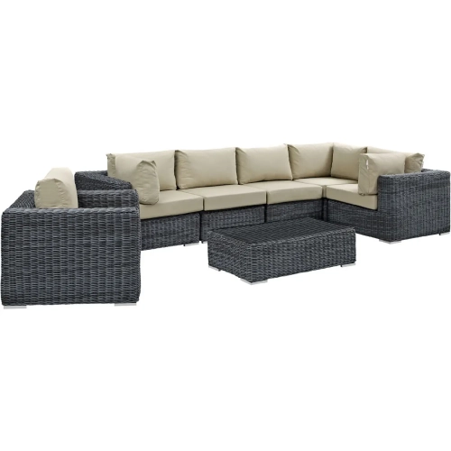 Summon 7 Piece Outdoor Patio Sectional Set in Poly Rattan w/ Beige Sunbrella