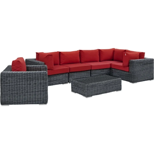 Summon 7 Piece Outdoor Sectional Sofa Set in Poly Rattan & Red Sunbrella &reg;