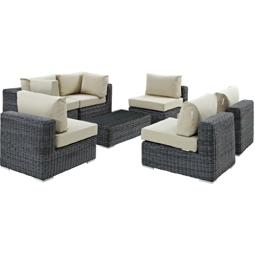 Summon 7 Piece Outdoor Patio Sectional Set in Poly Rattan w/ Beige Sunbrella