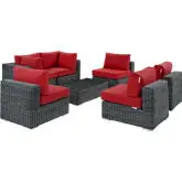 Summon 7 Piece Outdoor Sectional Sofa Set in Poly Rattan & Red Sunbrella &reg;