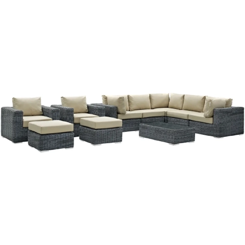 Summon 10 Piece Outdoor Patio Sectional Set in Sunbrella &reg; Canvas Antique Beige