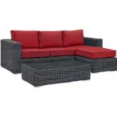 Summon 3 Piece Outdoor Sectional Sofa Set in Poly Rattan & Red Sunbrella &reg;