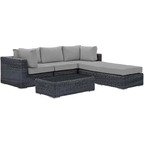 Summon 5 Piece Outdoor Sectional Sofa Set in Poly Rattan & Gray Sunbrella &reg;