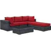 Summon 5 Piece Outdoor Sectional Sofa Set in Poly Rattan & Red Sunbrella &reg;