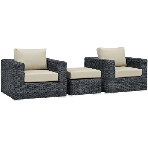 Summon 3 Piece Outdoor Arm Chair Set in Poly Rattan w/ Beige Sunbrella