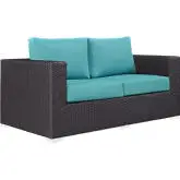 Convene Outdoor Patio Loveseat in Espresso w/ Turquoise Cushion