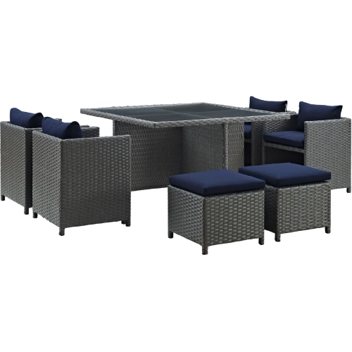 Sojourn 9 Piece Outdoor Patio Hide-Away Dining Set in Poly Rattan w/ Navy Sunbrella &reg Cushions