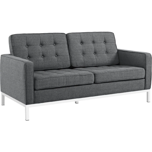 Loft Loveseat in Tufted Gray Fabric & Polished Stainless