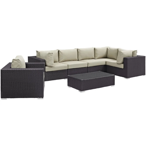 Convene 7 Piece Outdoor Patio Sectional Set in Espresso w/ Beige Cushions