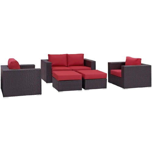 Convene 5 Piece Outdoor Patio Sofa Set in Espresso w/ Red Cushions