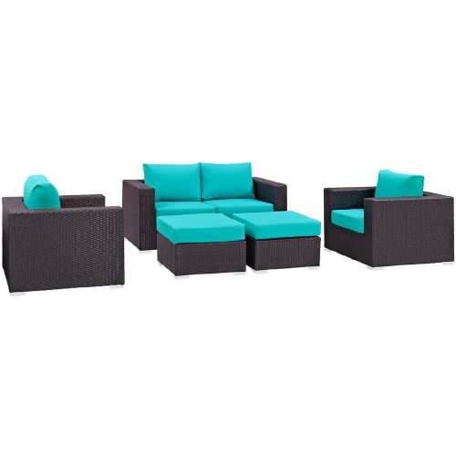 Convene 5 Piece Outdoor Patio Sofa Set in Espresso w/ Turquoise Cushions