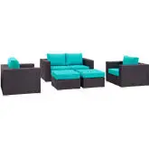 Convene 5 Piece Outdoor Patio Sofa Set in Espresso w/ Turquoise Cushions