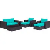 Convene 8 Piece Outdoor Patio Sofa Set in Espresso w/ Turquoise Cushions