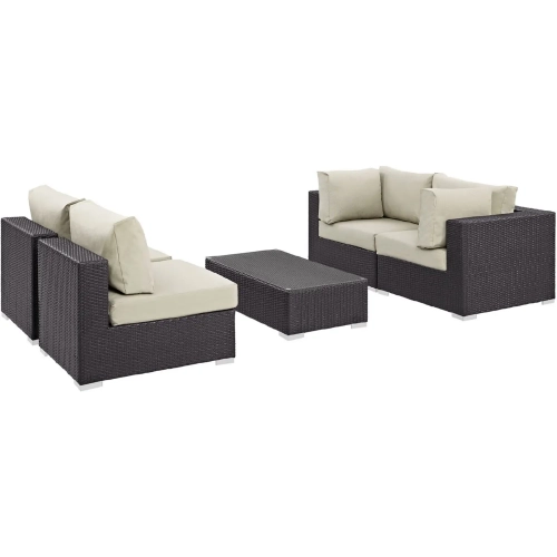 Convene 5 Piece Outdoor Patio Sectional Set in Espresso w/ Beige Cushions