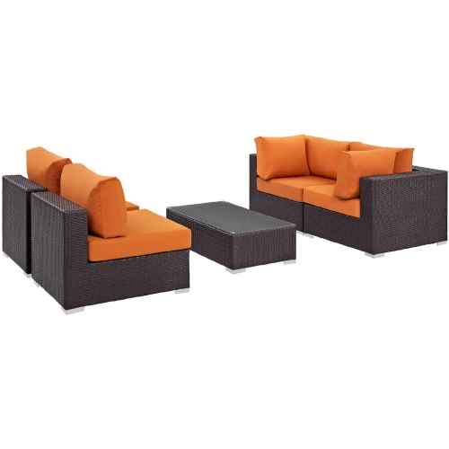 Convene 5 Piece Outdoor Patio Sectional Set in Espresso w/ Orange Cushions