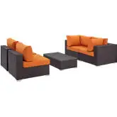 Convene 5 Piece Outdoor Patio Sectional Set in Espresso w/ Orange Cushions