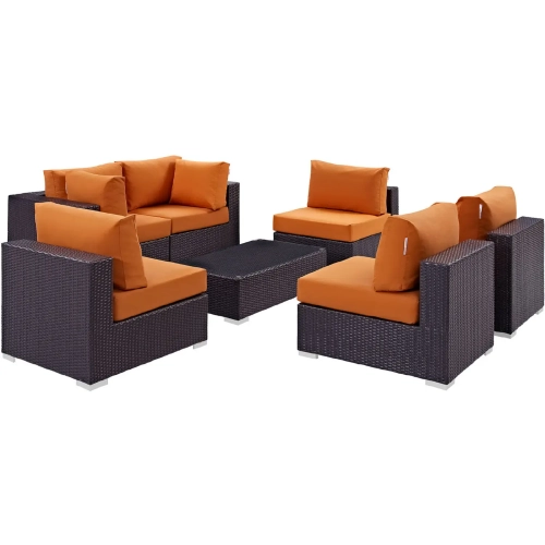 Convene 7 Piece Outdoor Patio Sectional Set in Espresso w/ Orange Cushions