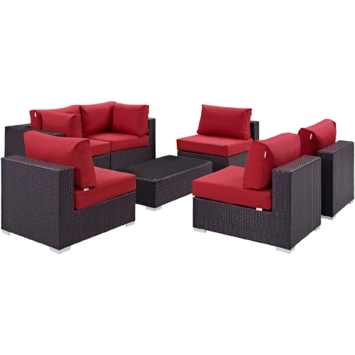 Convene 7 Piece Outdoor Patio Sectional Set in Espresso w/ Red Cushions