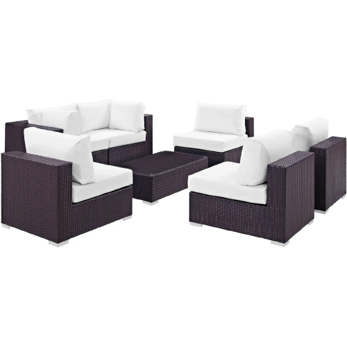 Convene 7 Piece Outdoor Patio Sectional Set in Espresso w/ White Cushions