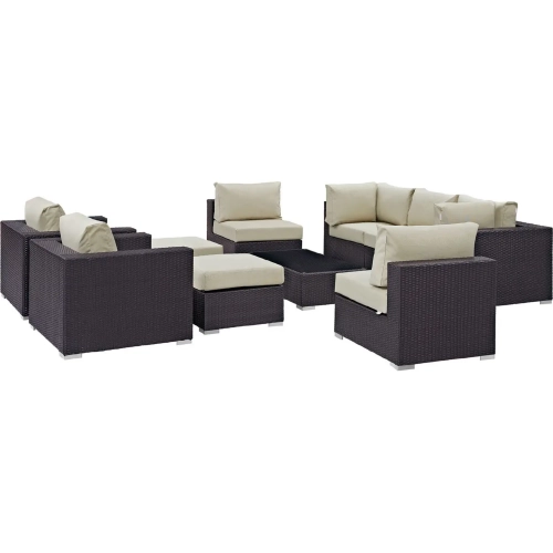 Convene 10 Piece Outdoor Patio Sectional Set in Espresso w/ Beige Cushions