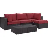 Convene 5 Piece Outdoor Patio Sectional Set in Espresso w/ Red Cushions