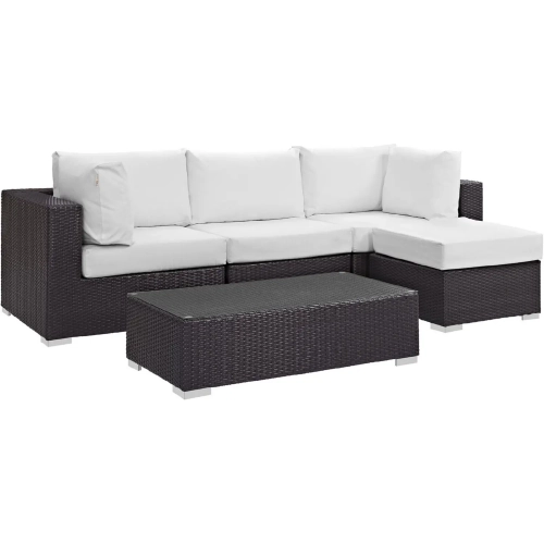 Convene 5 Piece Outdoor Patio Sectional Set in Espresso w/ White Cushions