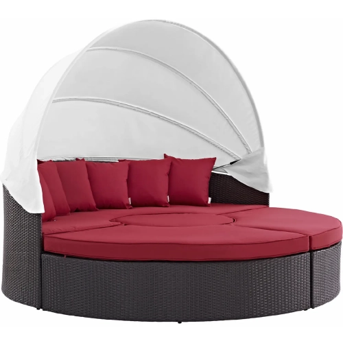 Convene Canopy Outdoor Patio Daybed in Espresso with Red Cushions
