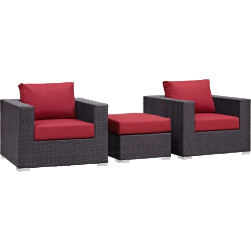 Convene 3 Piece Outdoor Patio Armchair Set in Espresso w/ Red Cushions